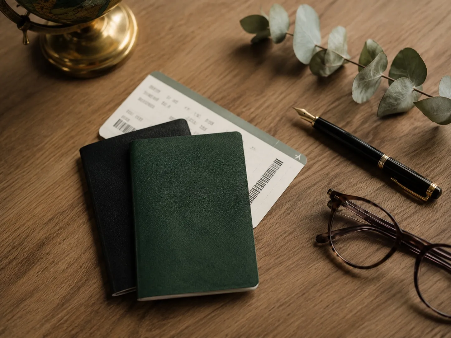 A green passport, boarding pass and fountain pen on a wood desk
