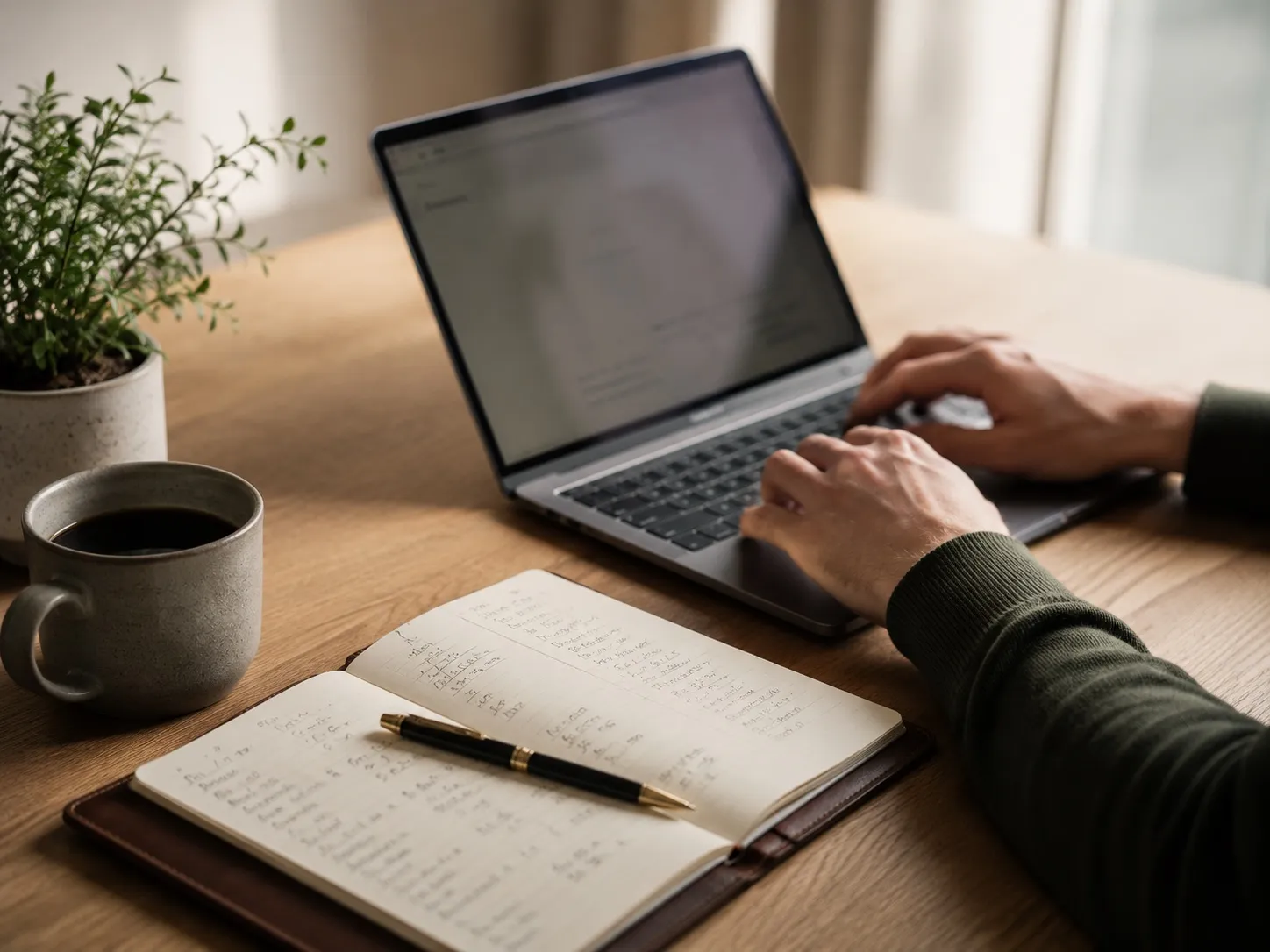 Hands working at a laptop beside a notebook and coffee