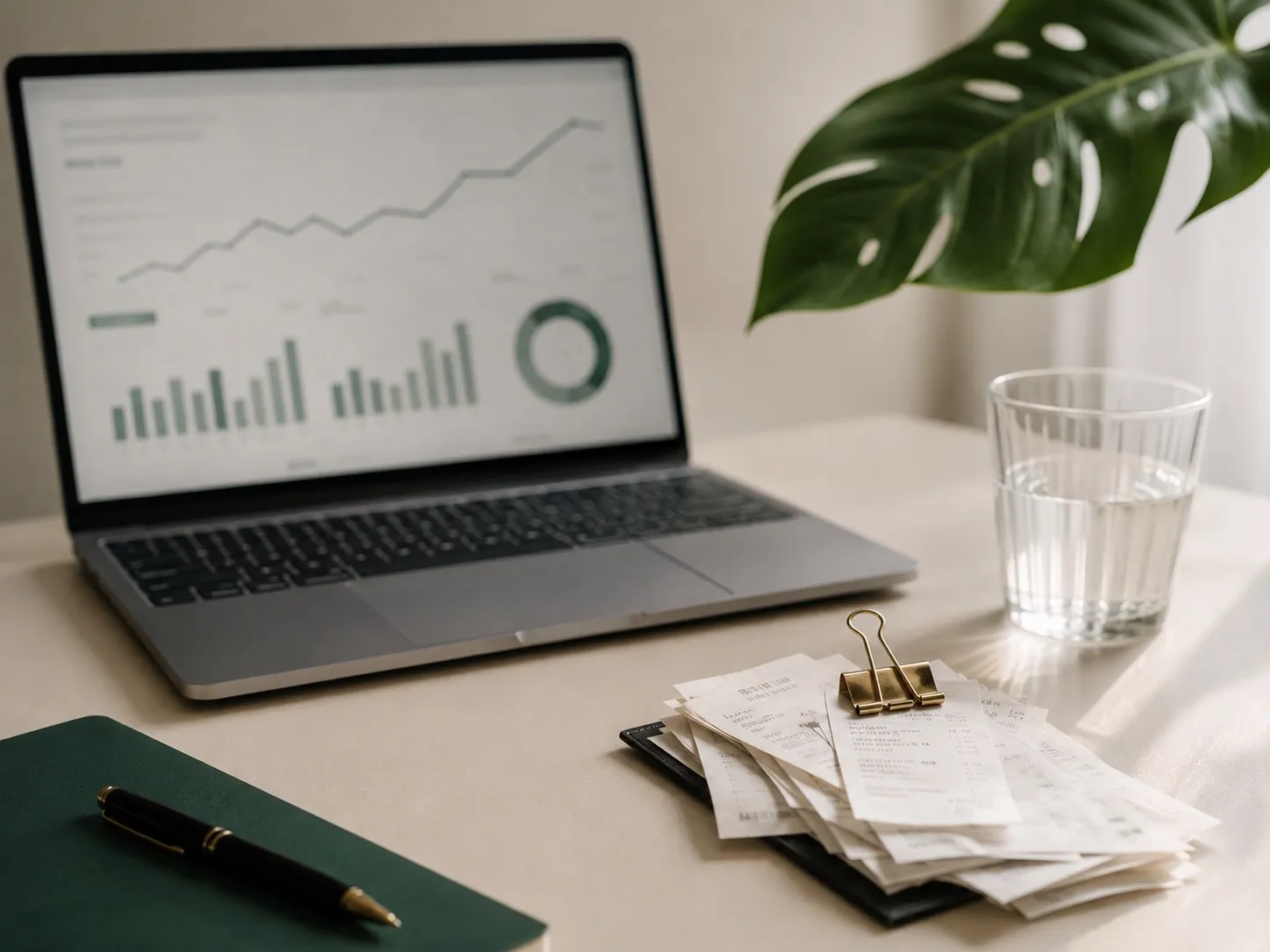 A laptop showing a financial dashboard beside a stack of receipts