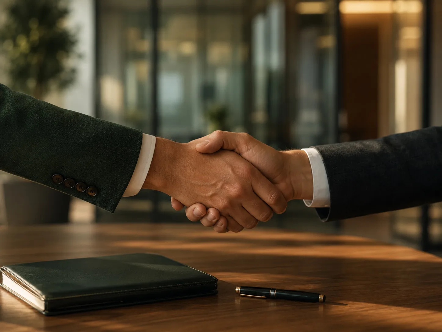 Two people shaking hands across a meeting table